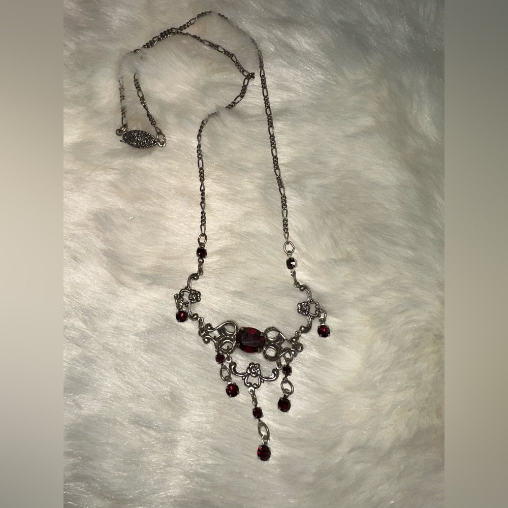 Sadie Green Silver Tone Garnet Stone Necklace